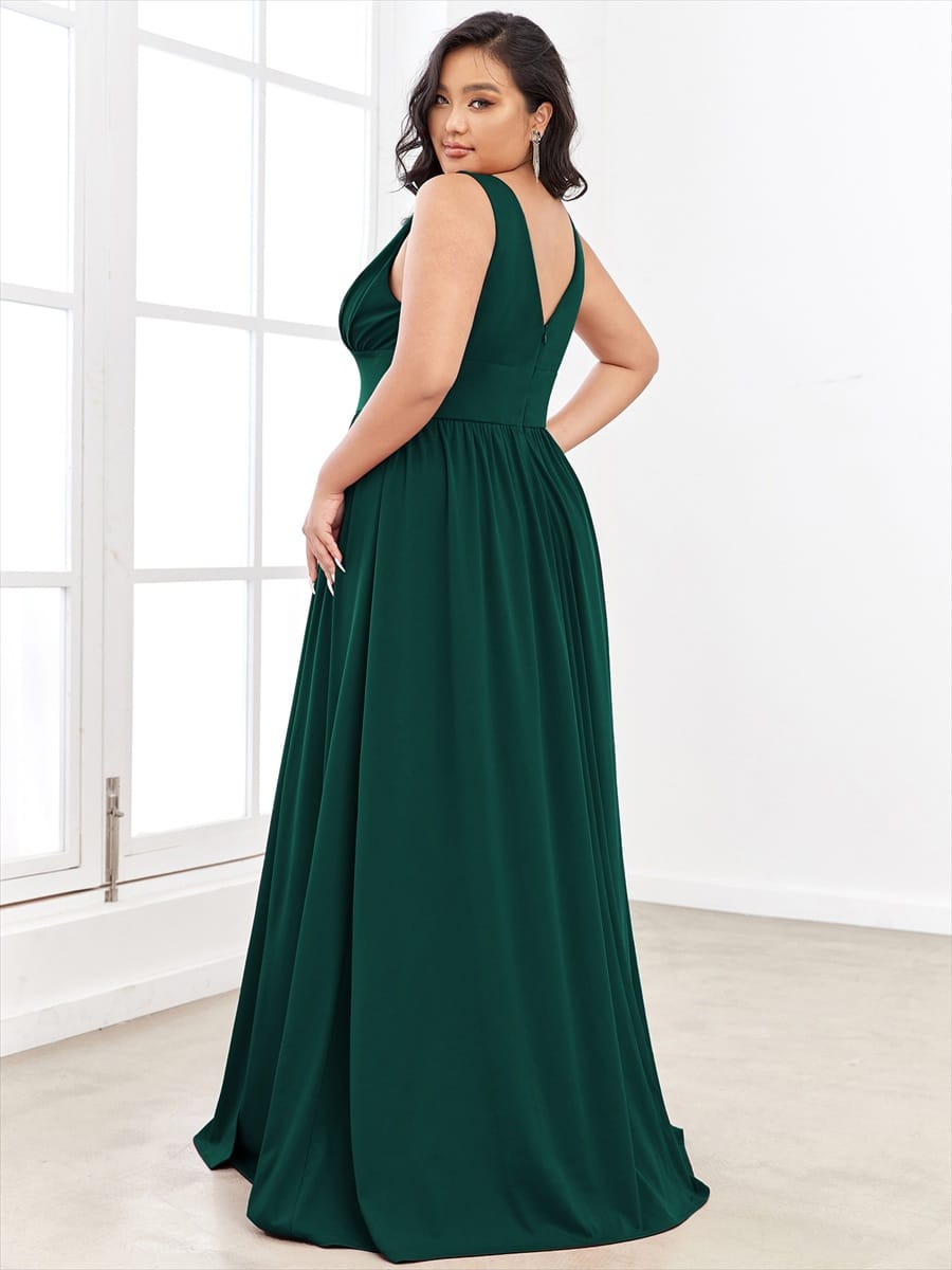 V-Neck High Slit Empire Waist Floor-Length Evening Dress #color_Dark Green