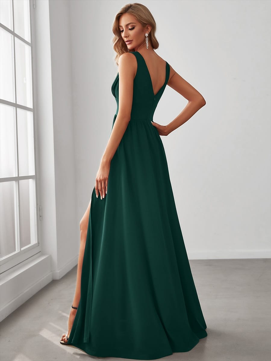V-Neck High Slit Empire Waist Floor-Length Evening Dress #color_Dark Green