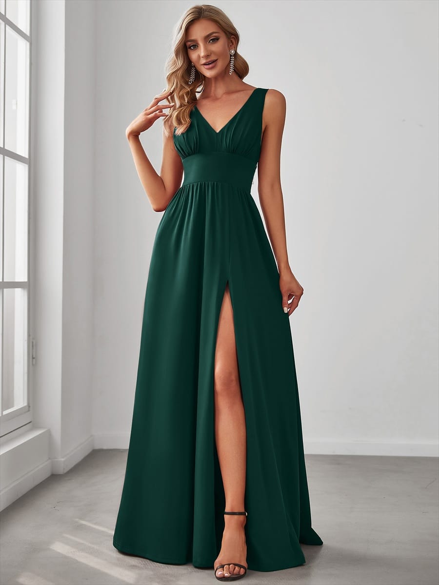 V-Neck High Slit Empire Waist Floor-Length Evening Dress #color_Dark Green