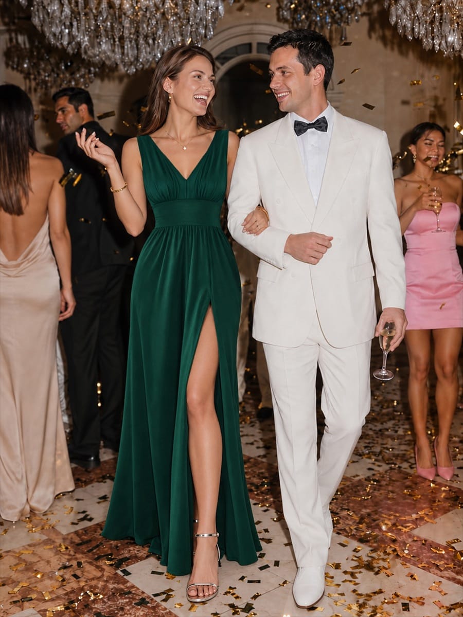 V-Neck High Slit Empire Waist Floor-Length Evening Dress #color_Dark Green