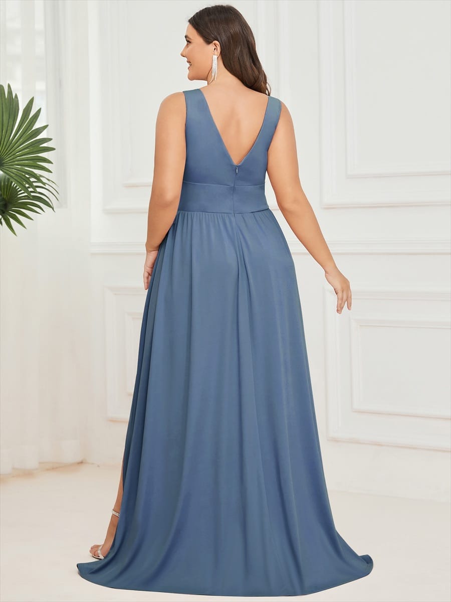 V-Neck High Slit Empire Waist Floor-Length Evening Dress #color_Dusty Blue