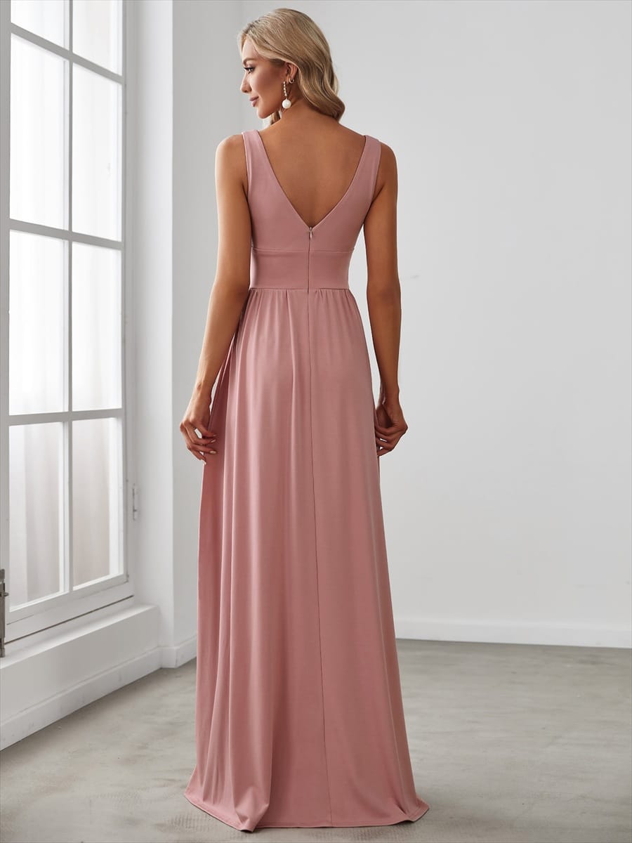 V-Neck High Slit Empire Waist Floor-Length Evening Dress #color_Dusty Rose