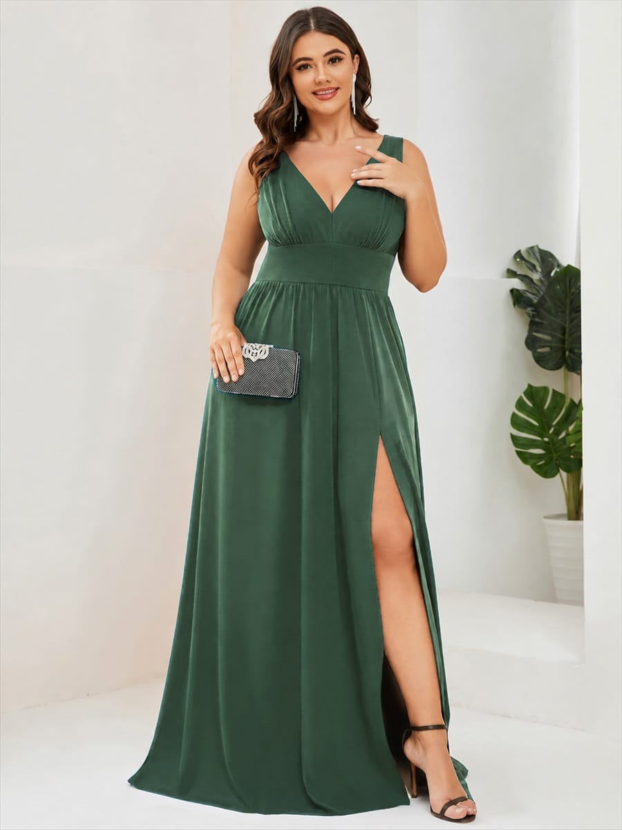 V-Neck High Slit Empire Waist Floor-Length Evening Dress #color_Eucalyptus Green