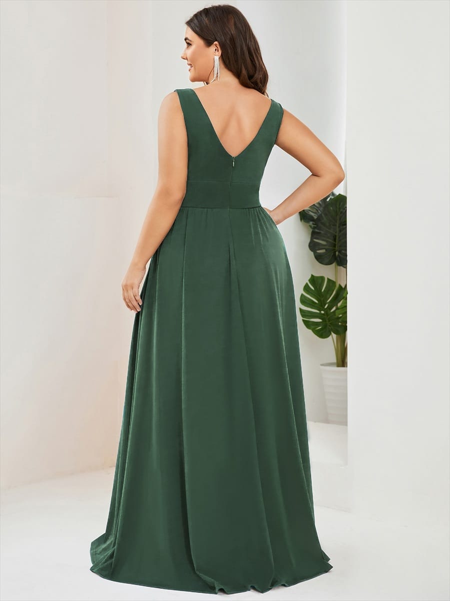V-Neck High Slit Empire Waist Floor-Length Evening Dress #color_Eucalyptus Green