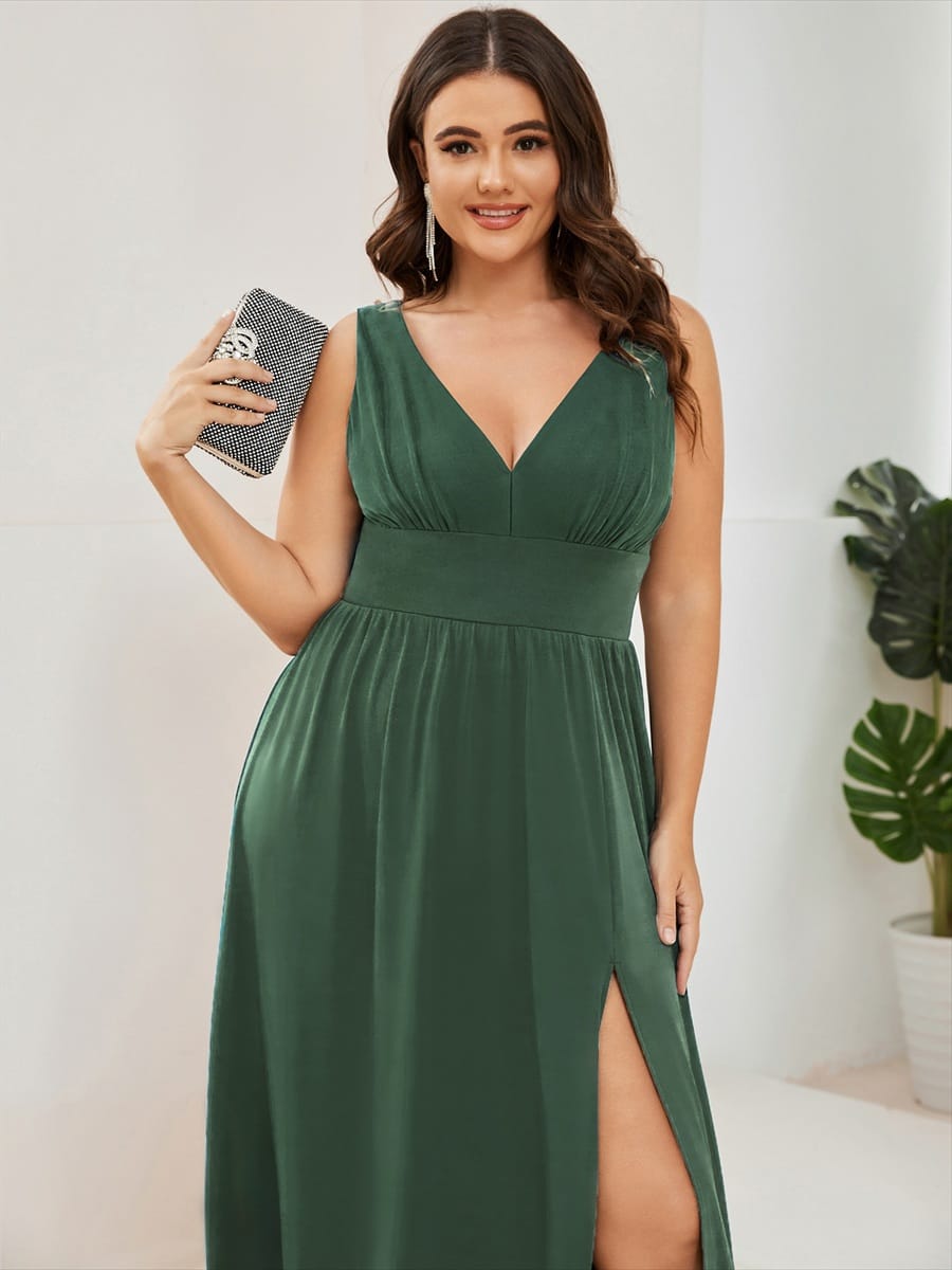 V-Neck High Slit Empire Waist Floor-Length Evening Dress #color_Eucalyptus Green