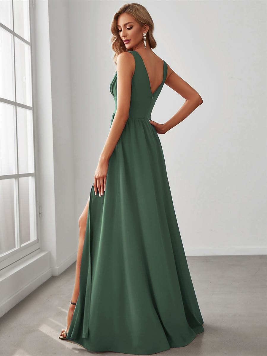 V-Neck High Slit Empire Waist Floor-Length Evening Dress #color_Eucalyptus Green