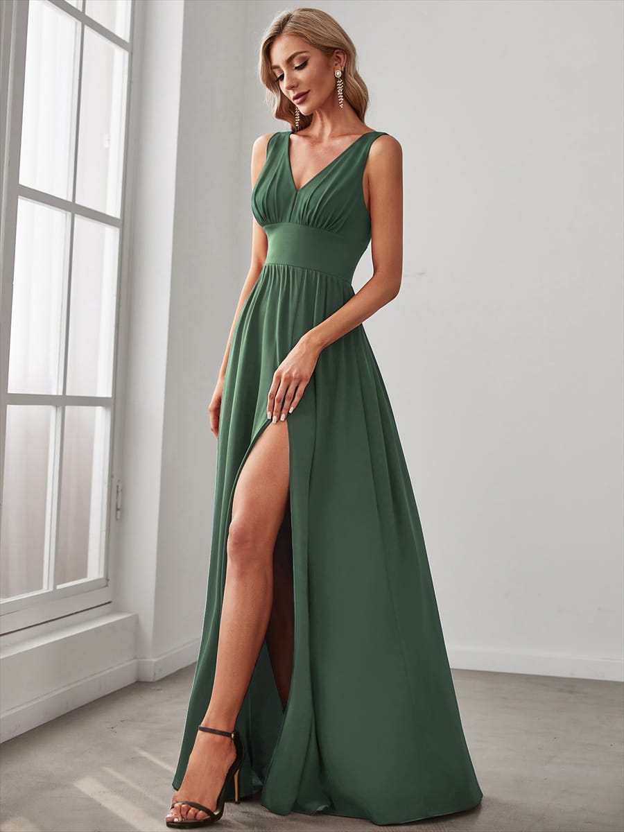 V-Neck High Slit Empire Waist Floor-Length Evening Dress #color_Eucalyptus Green