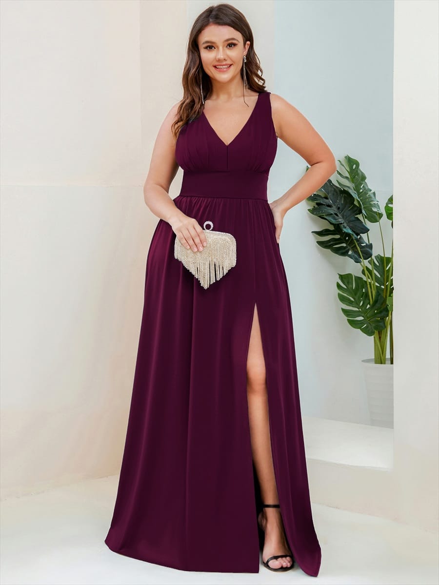 V-Neck High Slit Empire Waist Floor-Length Evening Dress #color_Mulberry