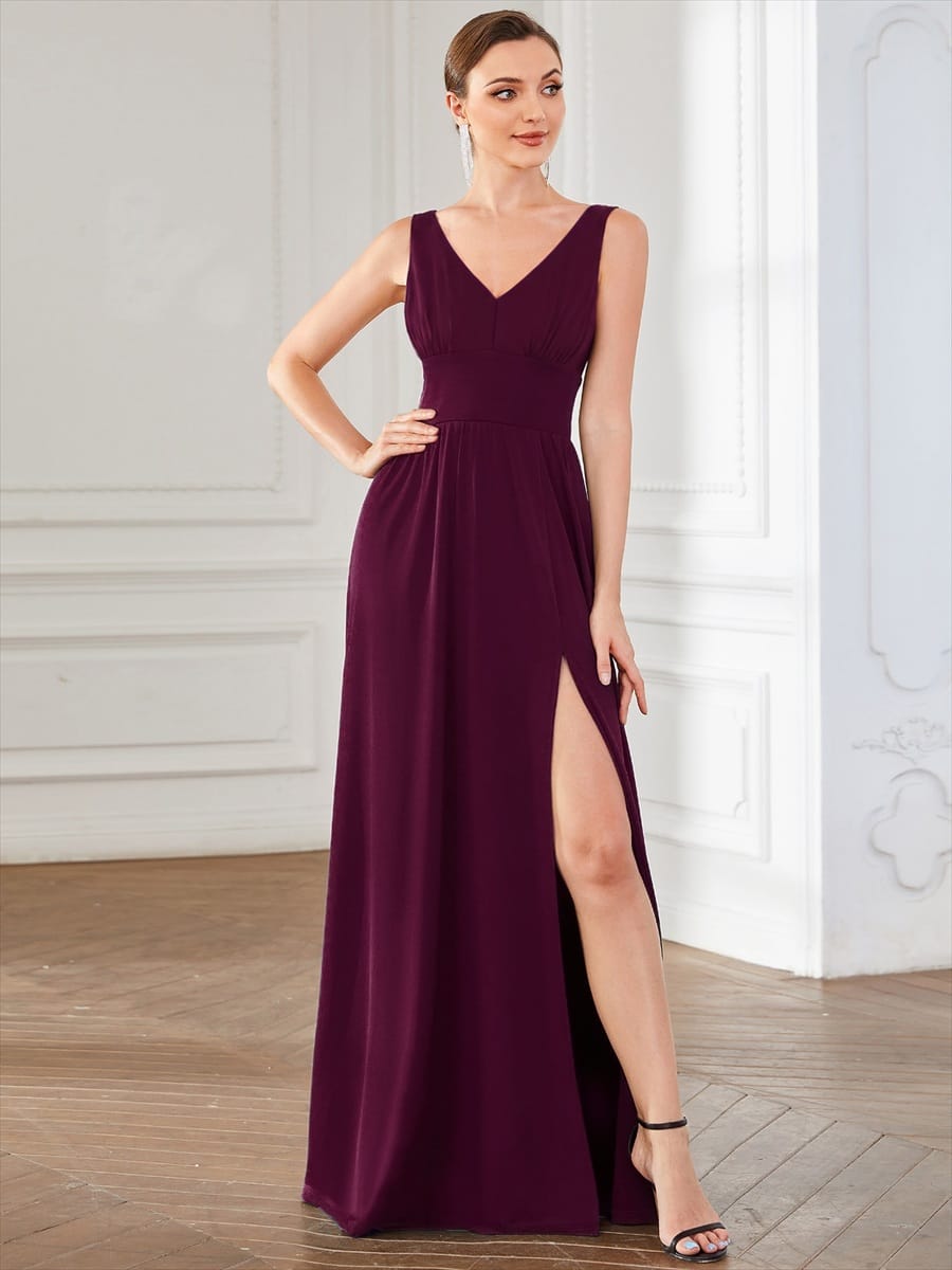 V-Neck High Slit Empire Waist Floor-Length Evening Dress #color_Mulberry