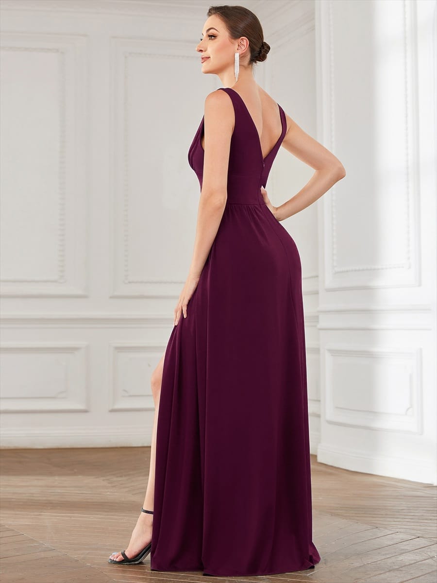 V-Neck High Slit Empire Waist Floor-Length Evening Dress #color_Mulberry