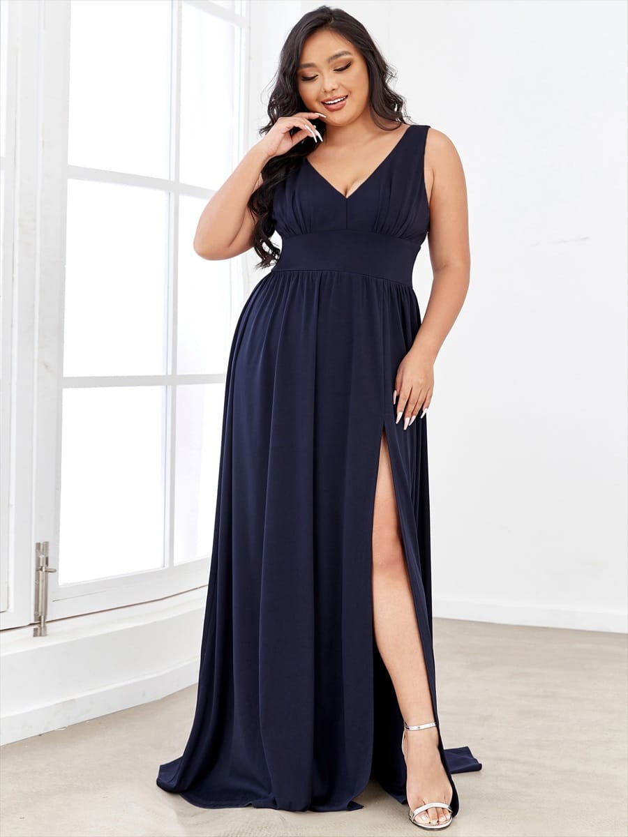 V-Neck High Slit Empire Waist Floor-Length Evening Dress #color_Navy Blue