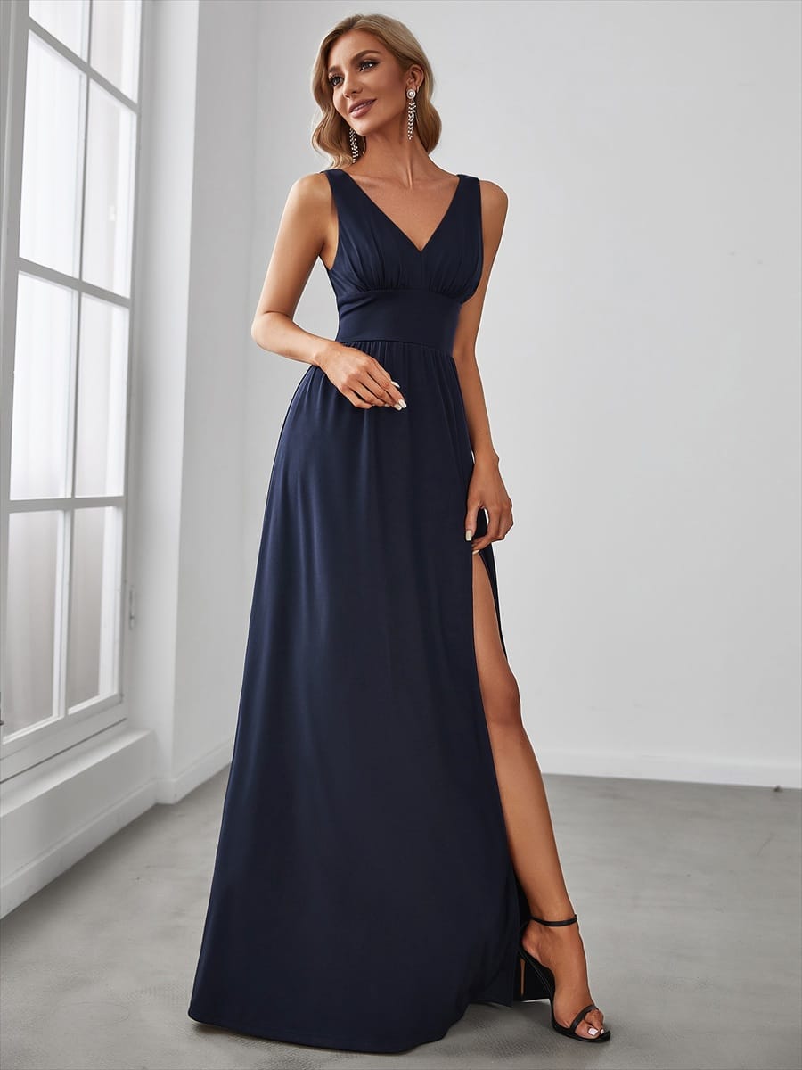 V-Neck High Slit Empire Waist Floor-Length Evening Dress #color_Navy Blue