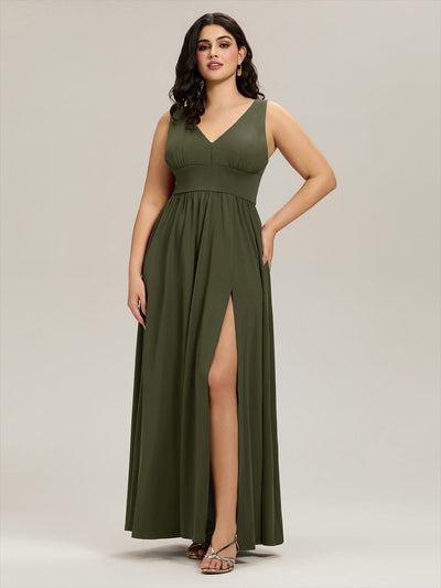 pretty SORAYA|Plus Size Sexy High Slit Sleeveless Empire Waist V-Neck Evening Dress