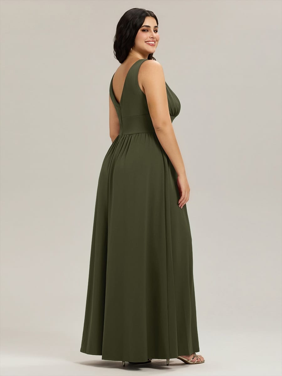 V-Neck High Slit Empire Waist Floor-Length Evening Dress #color_Olive Green