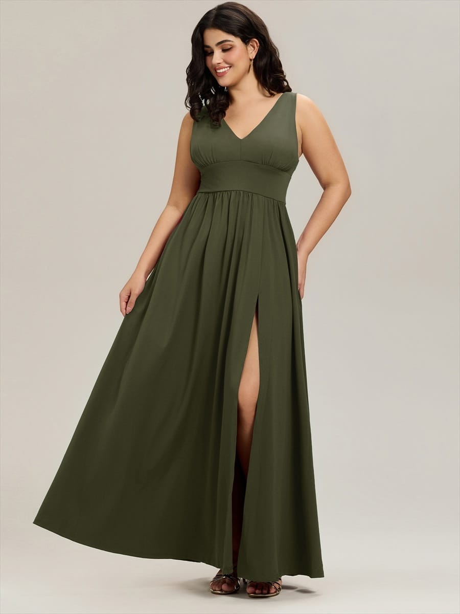 V-Neck High Slit Empire Waist Floor-Length Evening Dress #color_Olive Green