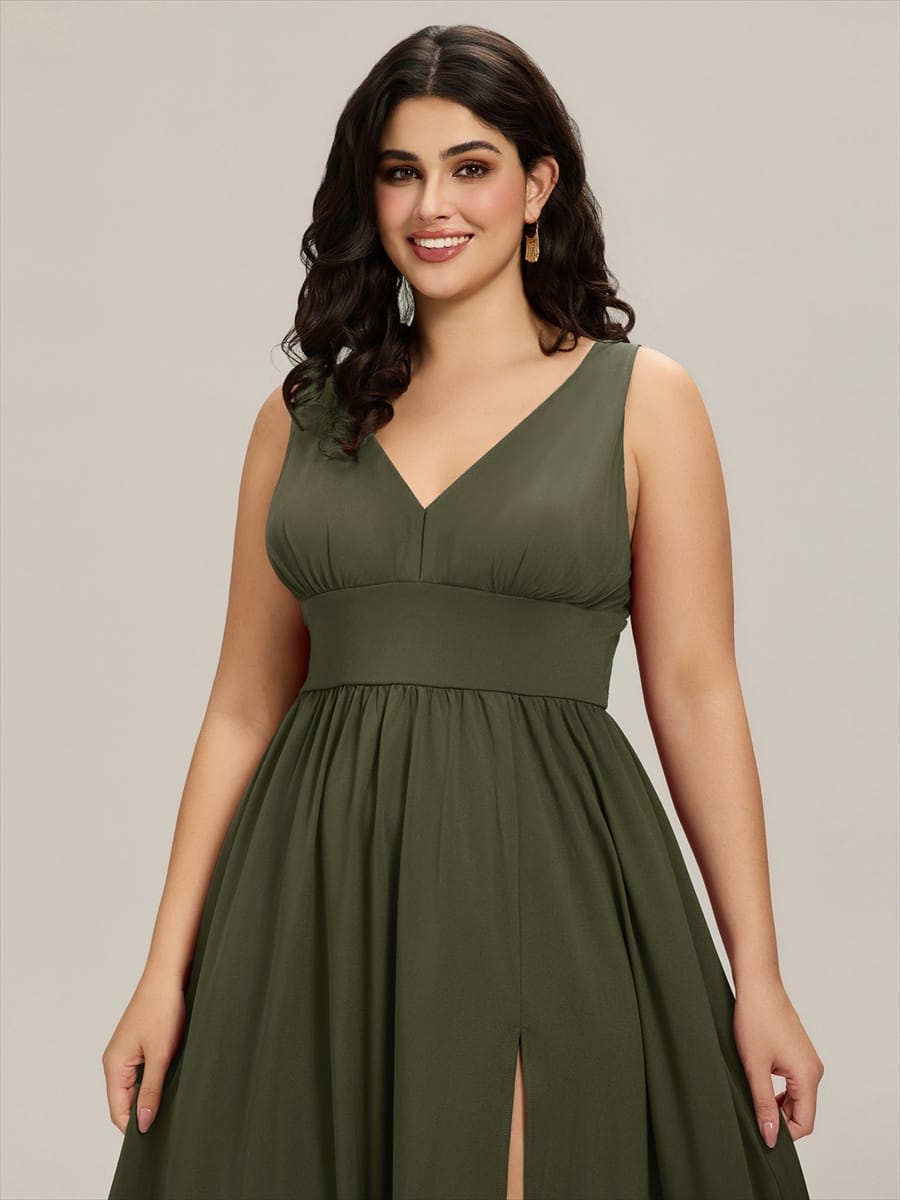 V-Neck High Slit Empire Waist Floor-Length Evening Dress #color_Olive Green
