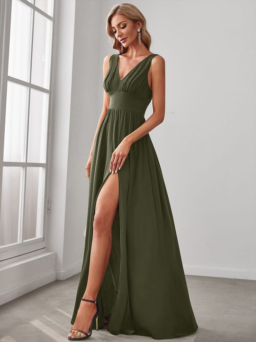 V-Neck High Slit Empire Waist Floor-Length Evening Dress #color_Olive Green