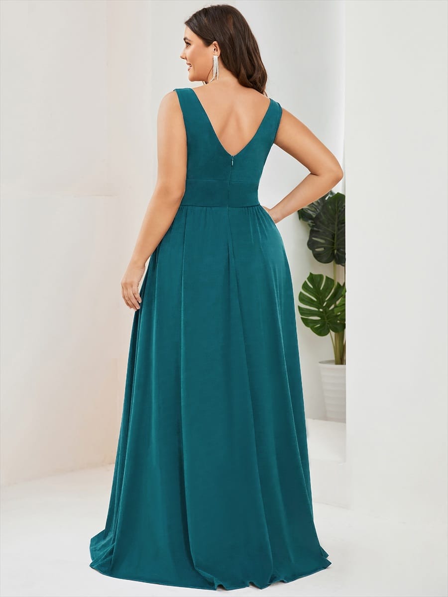 V-Neck High Slit Empire Waist Floor-Length Evening Dress #color_Teal