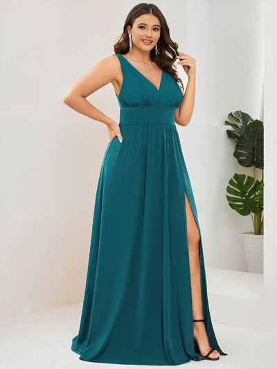 pretty SORAYA|Plus Size Sexy High Slit Sleeveless Empire Waist V-Neck Evening Dress