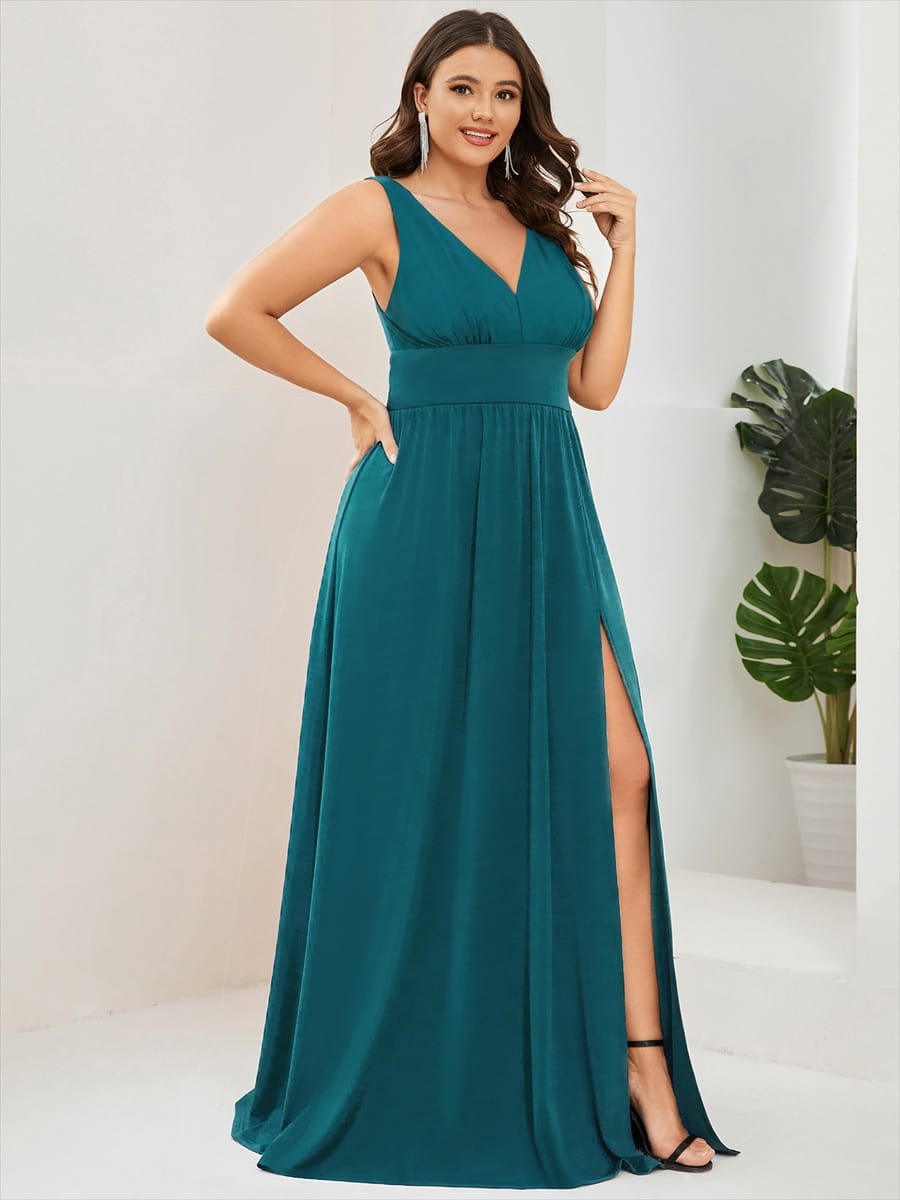 V-Neck High Slit Empire Waist Floor-Length Evening Dress #color_Teal