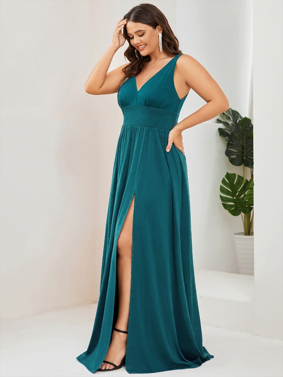 V-Neck High Slit Empire Waist Floor-Length Evening Dress #color_Teal