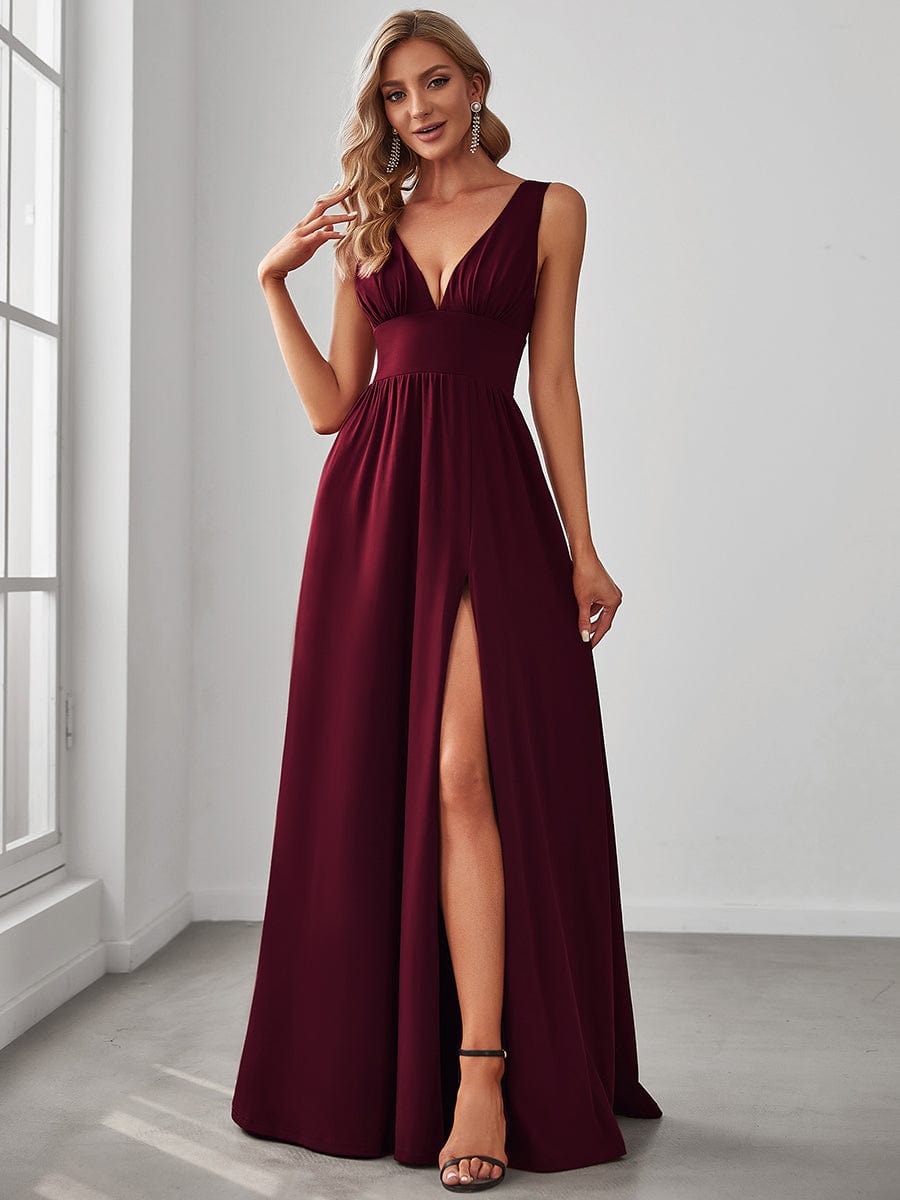 V-Neck High Slit Empire Waist Floor-Length Evening Dress #color_Burgundy
