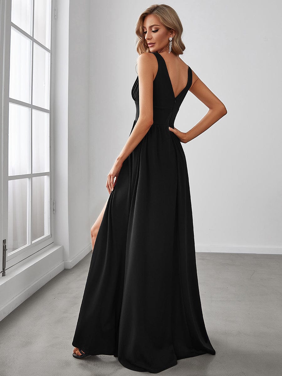V-Neck High Slit Empire Waist Floor-Length Evening Dress #color_Black