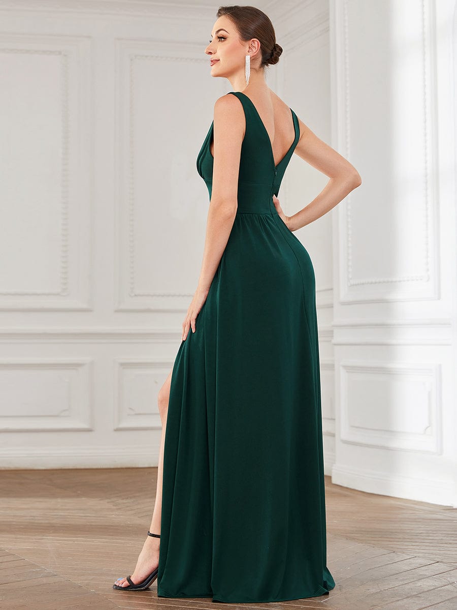 V-Neck High Slit Empire Waist Floor-Length Evening Dress #color_Dark Green