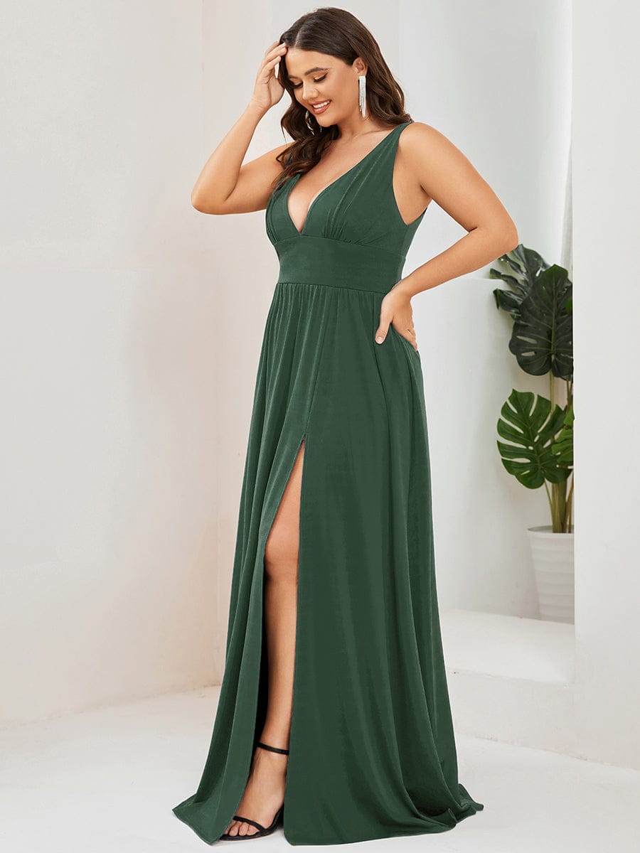Plus Size Chiffon Lace Print Sleeveless Empire Waist V-Neck Evening Dress #color_Eucalyptus Green