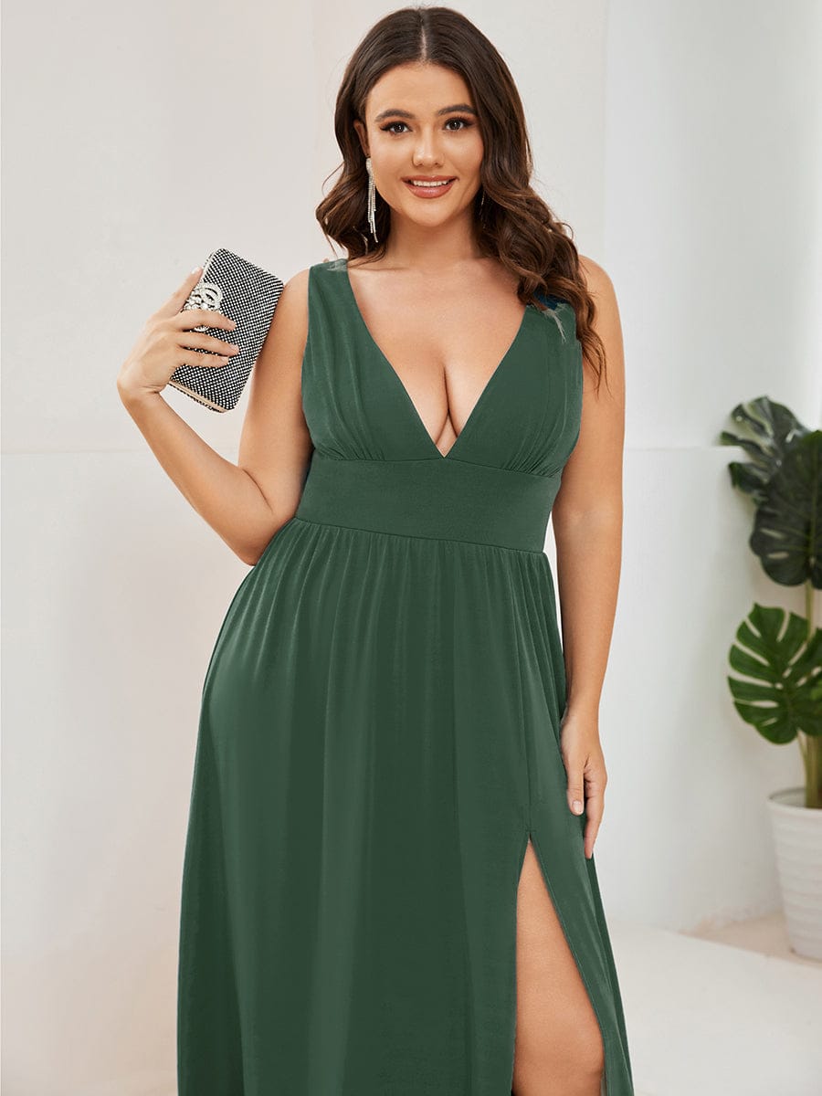 Stunning V-Neck Empire Waist Floor-Length Evening Dress with High Slit #color_Eucalyptus Green