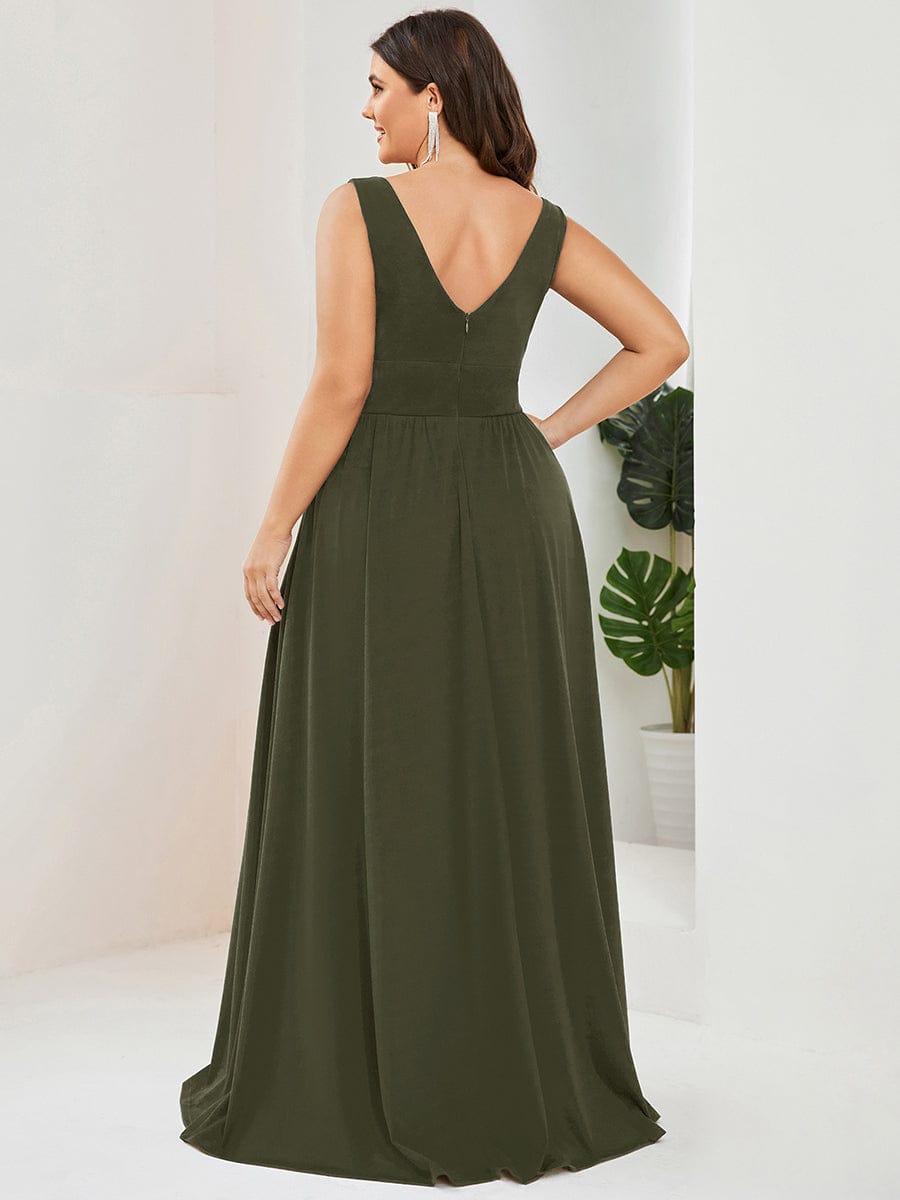 V-Neck High Slit Empire Waist Floor-Length Evening Dress #color_Olive Green