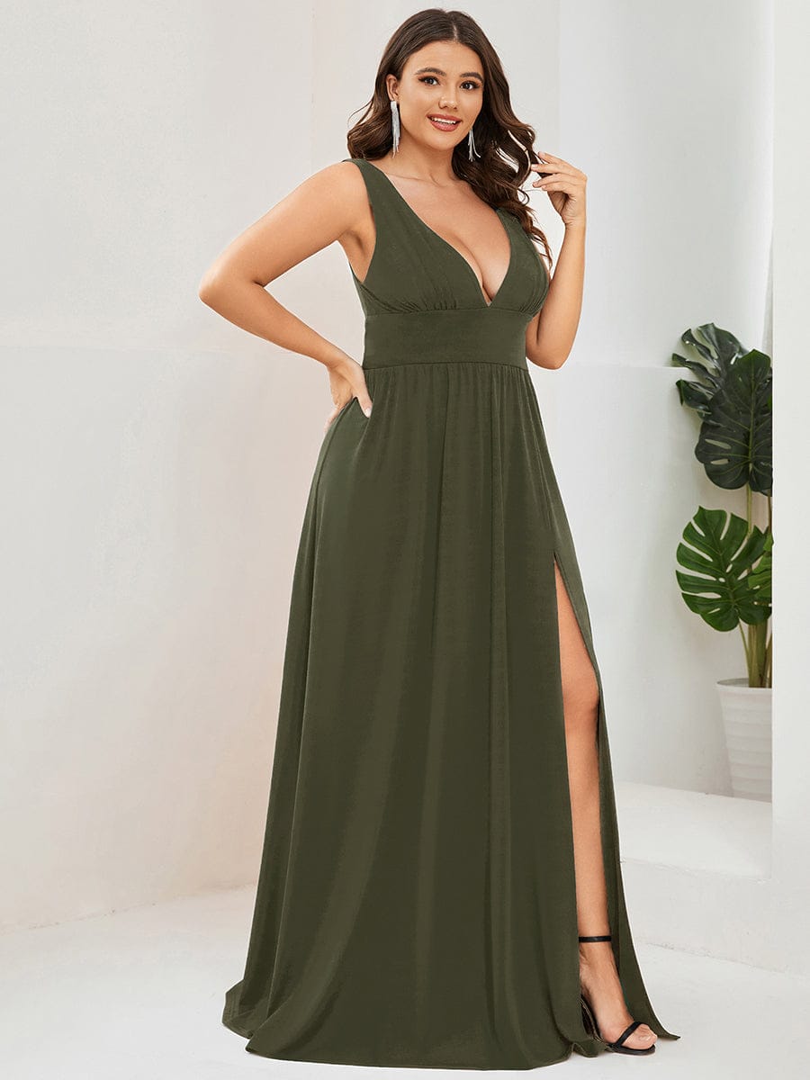 Stunning V-Neck Empire Waist Floor-Length Evening Dress with High Slit #color_Olive Green
