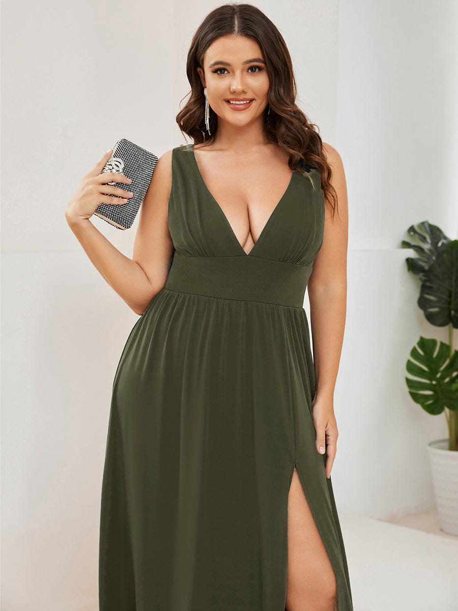 V-Neck High Slit Empire Waist Floor-Length Evening Dress #color_Olive Green