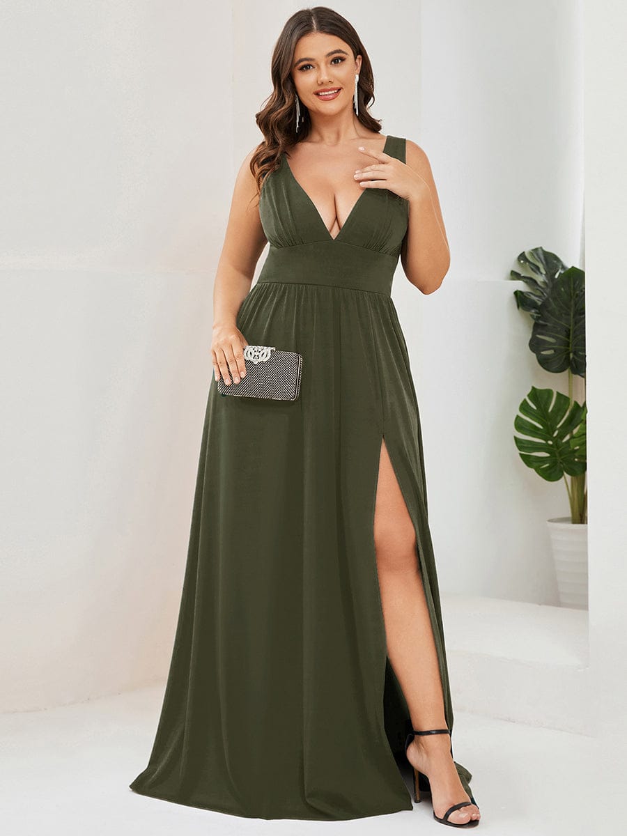 V-Neck High Slit Empire Waist Floor-Length Evening Dress #color_Olive Green