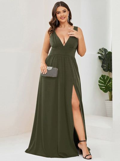 Plus Size Chiffon Lace Print Sleeveless Empire Waist V-Neck Evening Dress #color_Olive Green