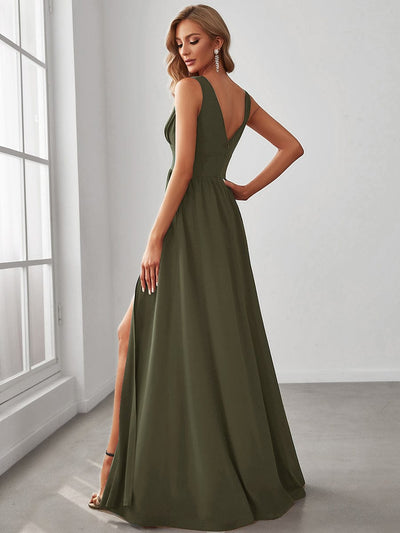 V-Neck High Slit Empire Waist Floor-Length Evening Dress #color_Olive Green