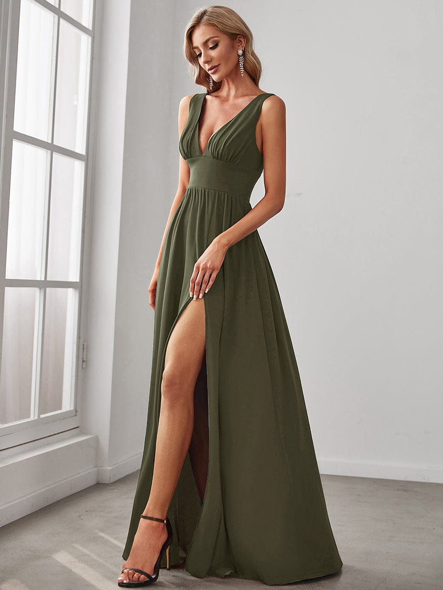 V-Neck High Slit Empire Waist Floor-Length Evening Dress #color_Olive Green