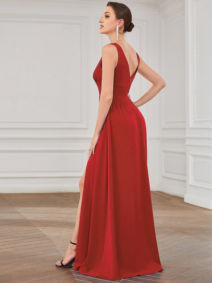 V-Neck High Slit Empire Waist Floor-Length Evening Dress #color_Red