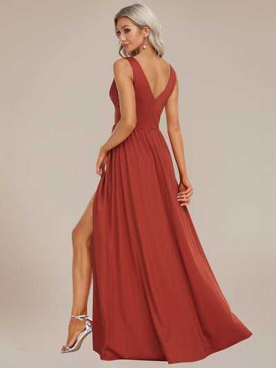 V-Neck High Slit Empire Waist Floor-Length Evening Dress #color_Vermilion