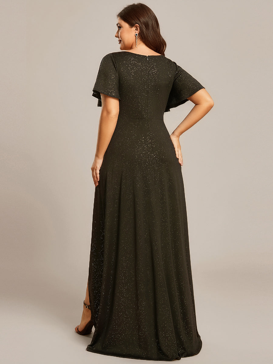 Ruffle Sleeves V Neck High Low Evening Dress #color_Army Green