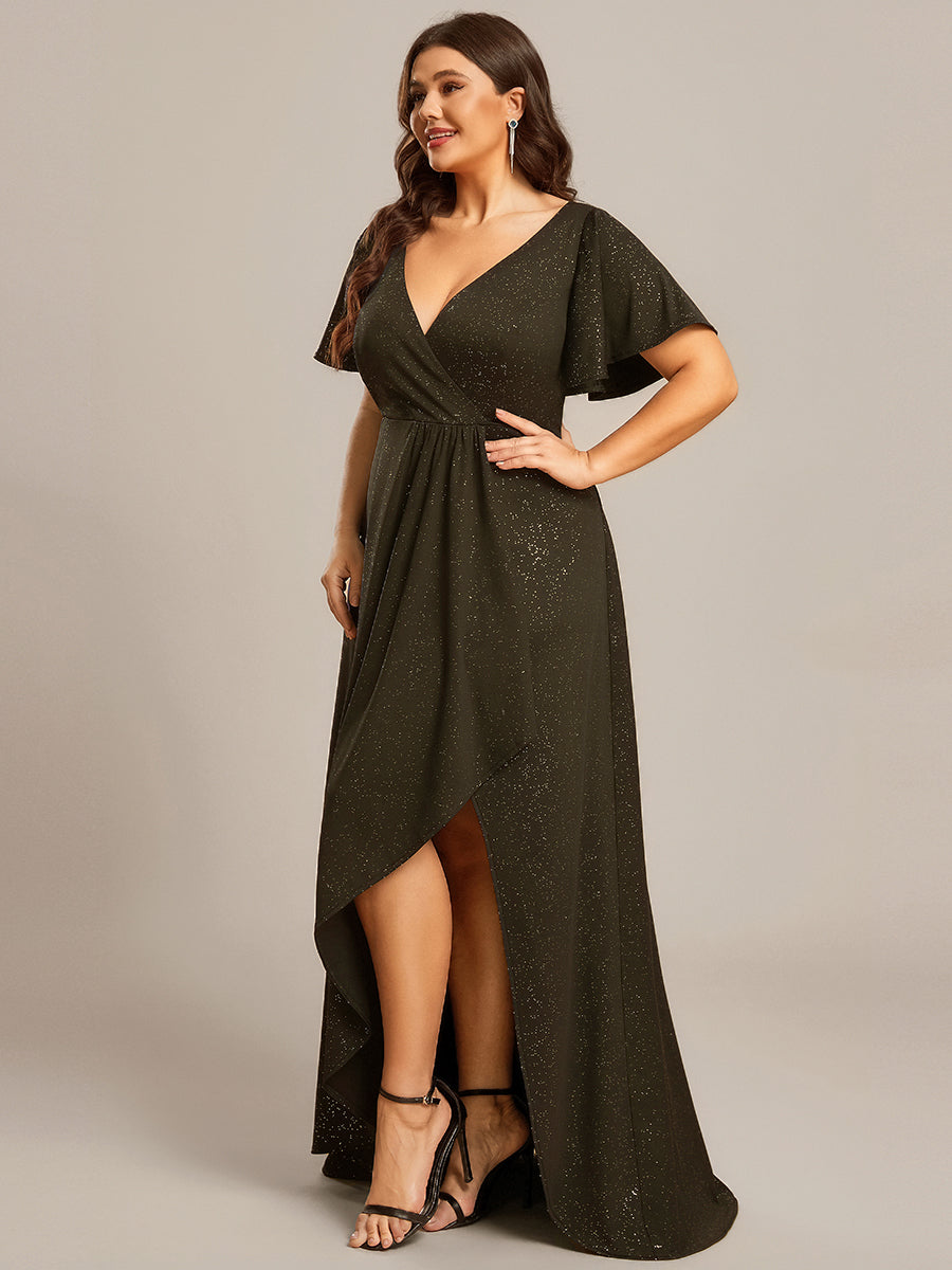 Ruffle Sleeves V Neck High Low Evening Dress #color_Army Green