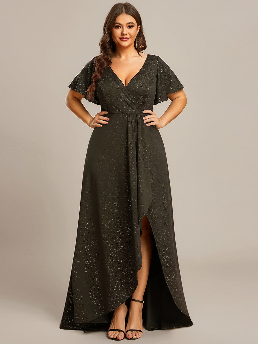Ruffle Sleeves V Neck High Low Evening Dress #color_Army Green