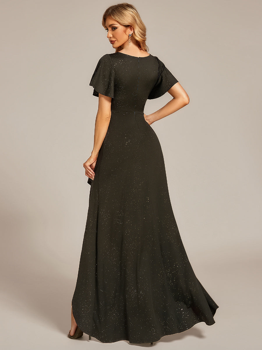 Ruffle Sleeves V Neck High Low Evening Dress #color_Army Green