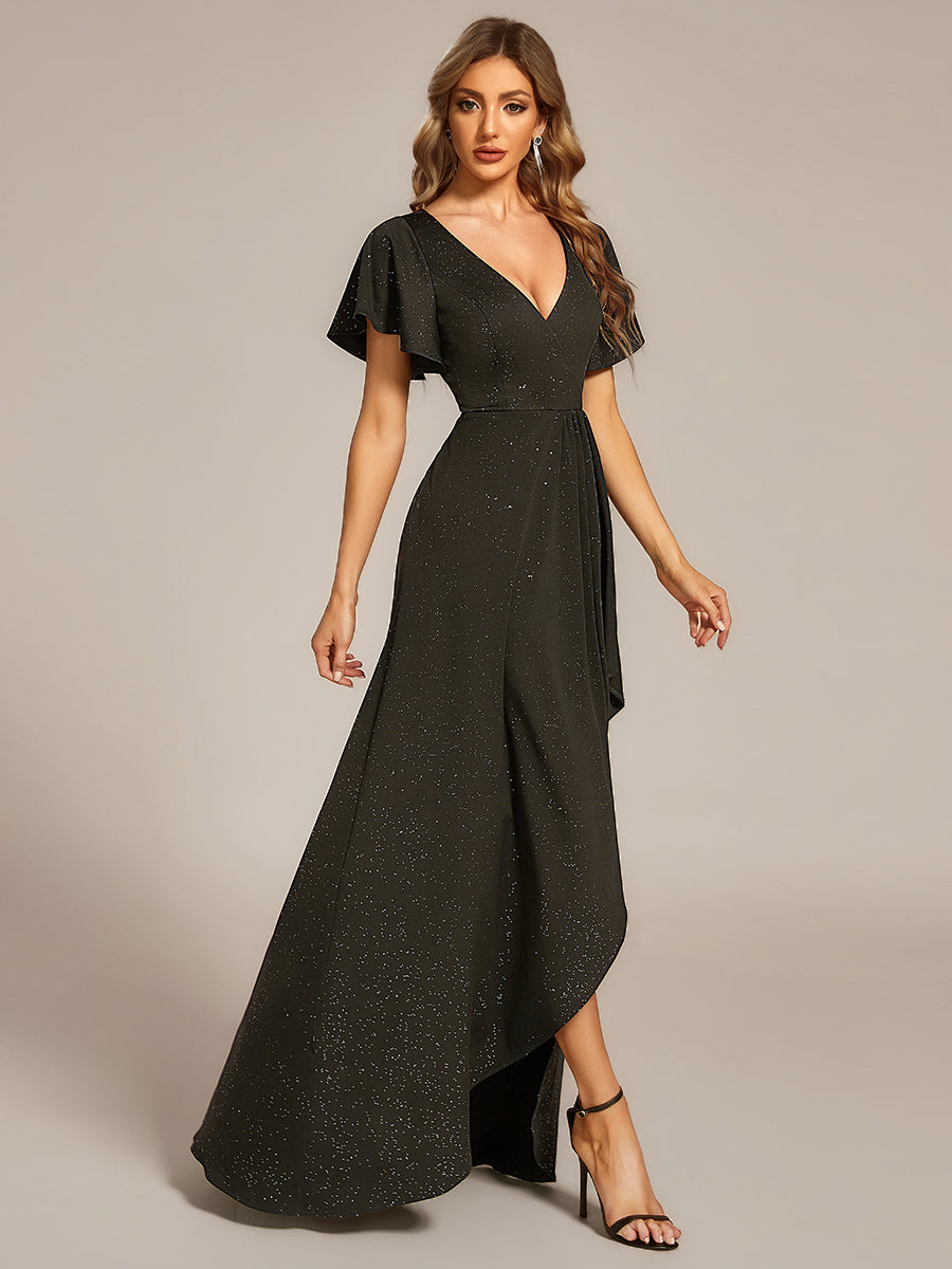 Ruffle Sleeves V Neck High Low Evening Dress #color_Army Green