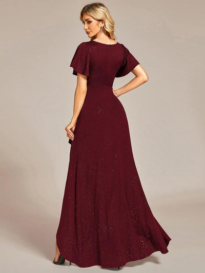 Ruffle Sleeves V Neck High Low Wedding Guest Dress #color_Burgundy