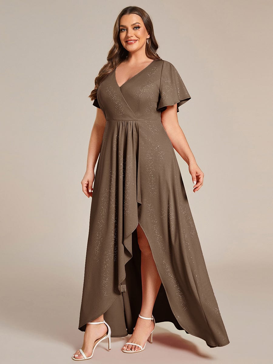 Ruffle Sleeves V Neck High Low Evening Dress #color_Coffee