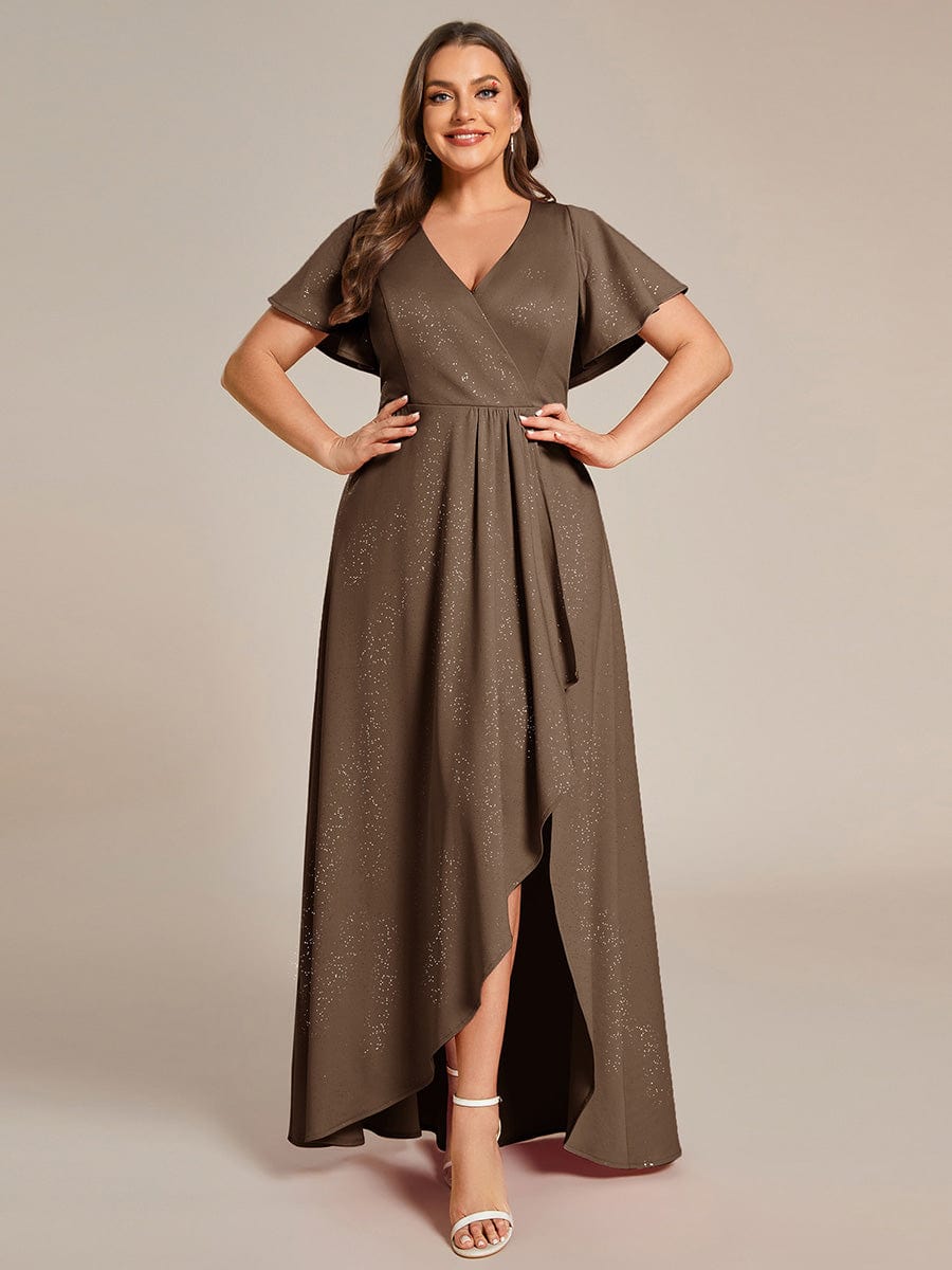 Ruffle Sleeves V Neck High Low Evening Dress #color_Coffee