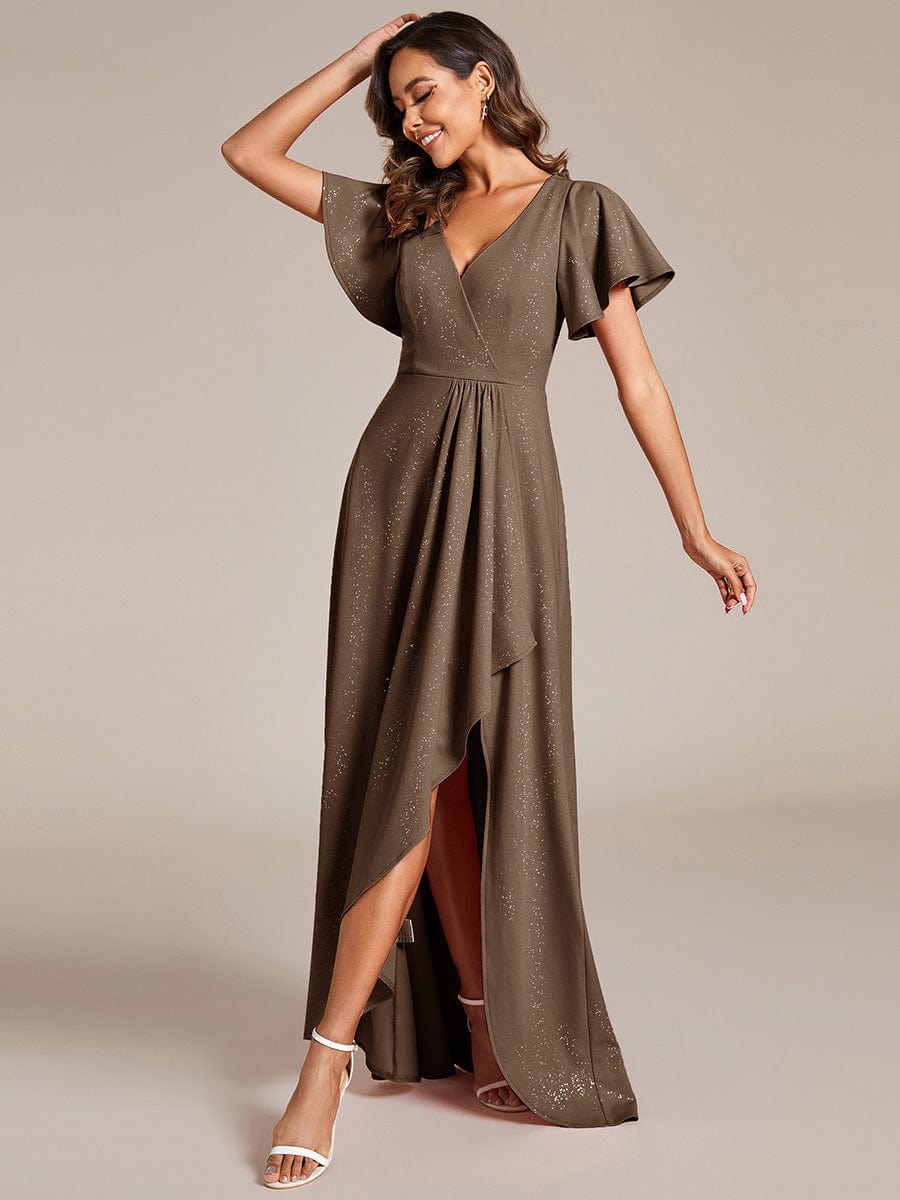 Ruffle Sleeves V Neck High Low Evening Dress #color_Coffee