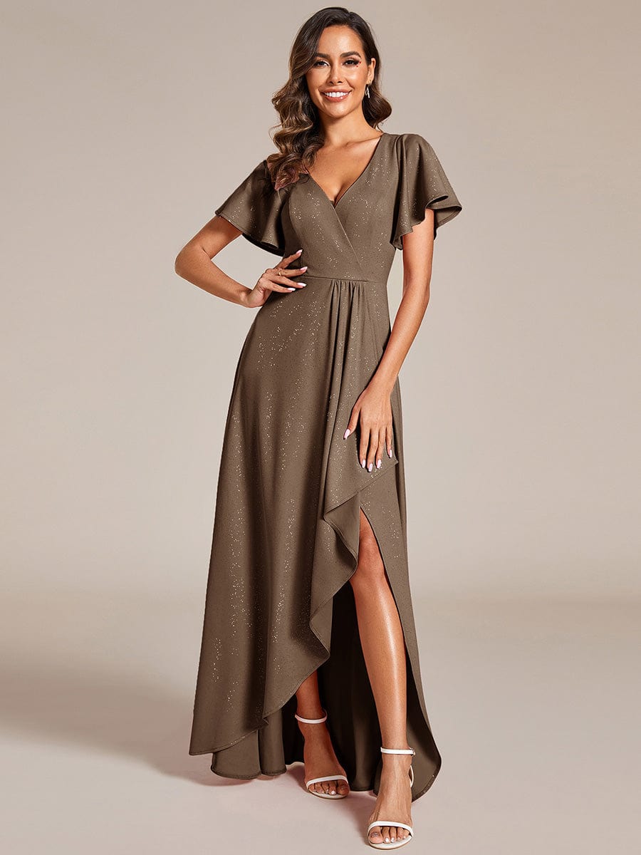 Ruffle Sleeves V Neck High Low Evening Dress #color_Coffee