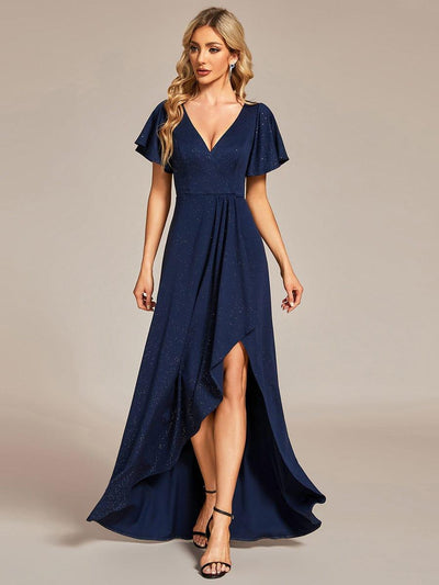 Ruffle Sleeves V Neck High Low Wedding Guest Dress #color_Navy Blue